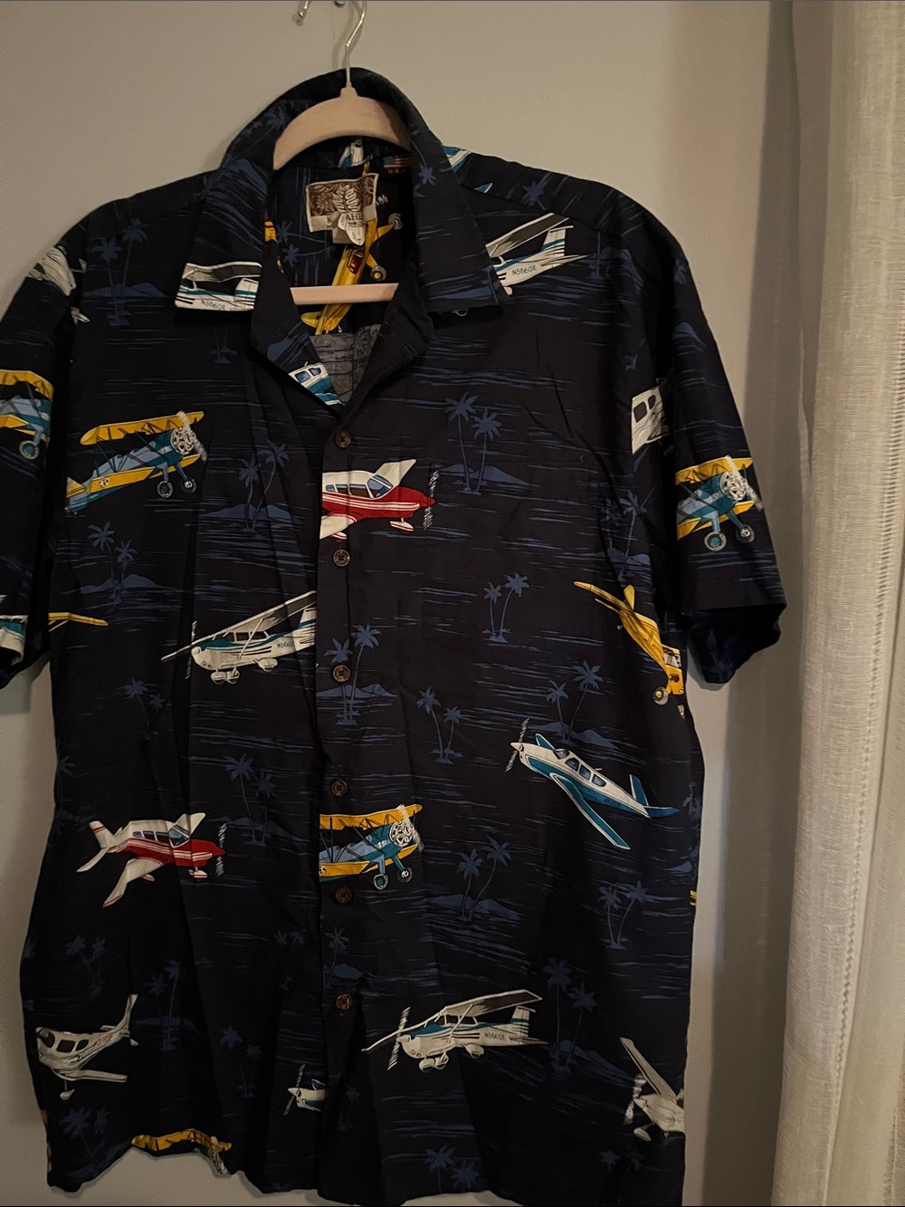 Men's Kalaheo Navy Airplane Print Short-Sleeve Button-Down Shirt- Made in Hawaii